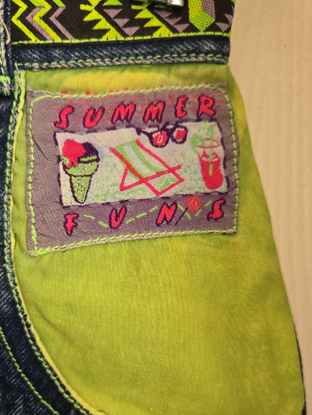 40 | Vintage Denim Skirt US 8/10 Neon Green Stitching Y2K 100% Cotton - Picture 5 of 10